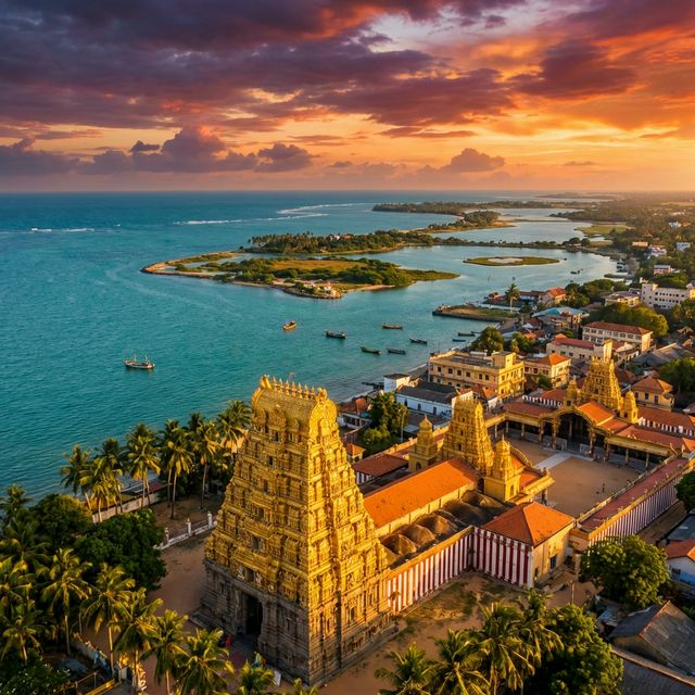 Jaffna Northern Sri Lanka — Temple and ocean at golden sunset